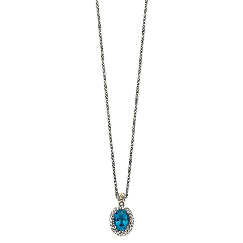 14K/Silver Two Tone Shey Couture Sterling Silver With 14K Accent 18 Inch Antiqued Oval London Blue Topaz Hinged Bail Necklace