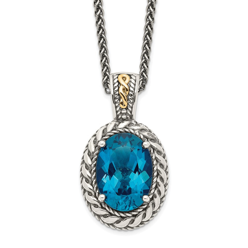 14K/Silver Two Tone Shey Couture Sterling Silver With 14K Accent 18 Inch Antiqued Oval London Blue Topaz Hinged Bail Necklace