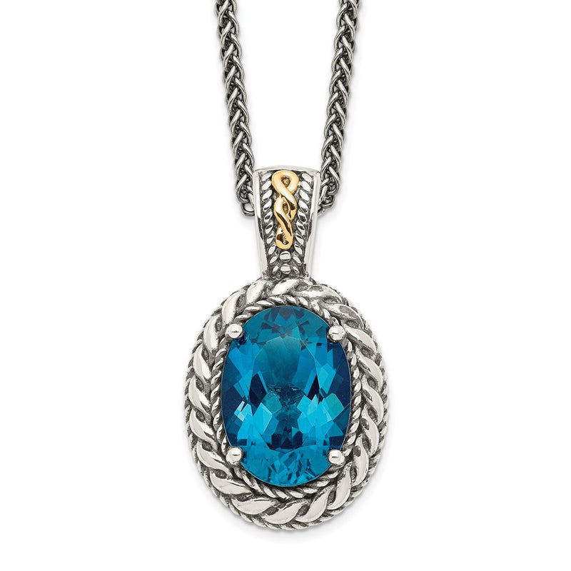 14K/Silver Two Tone Shey Couture Sterling Silver With 14K Accent 18 Inch Antiqued Oval London Blue Topaz Hinged Bail Necklace