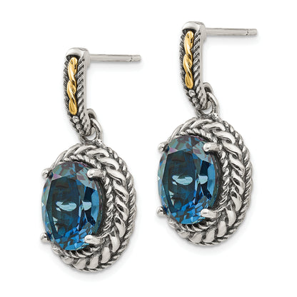 14K/Silver Two Tone Shey Couture Sterling Silver With 14K Accent Antiqued Oval London Blue Topaz Post Dangle Earrings