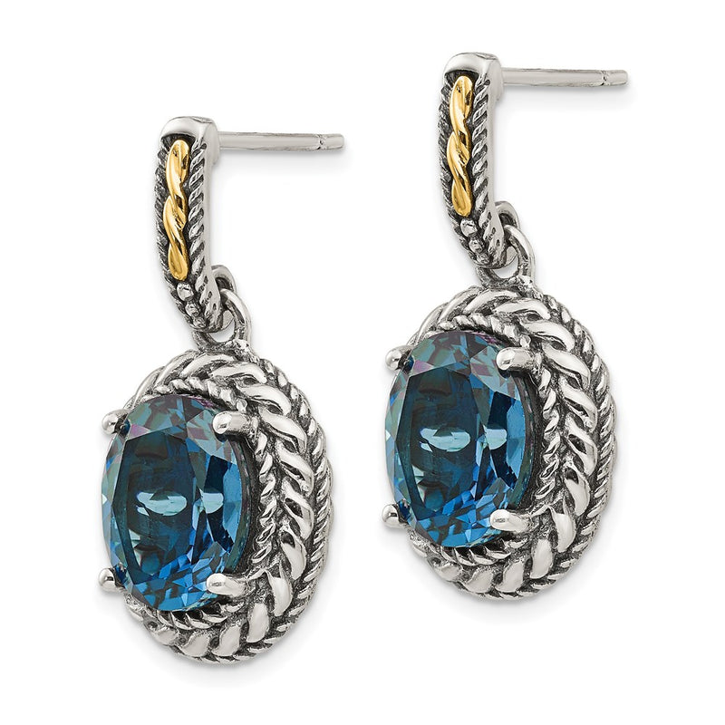 14K/Silver Two Tone Shey Couture Sterling Silver With 14K Accent Antiqued Oval London Blue Topaz Post Dangle Earrings