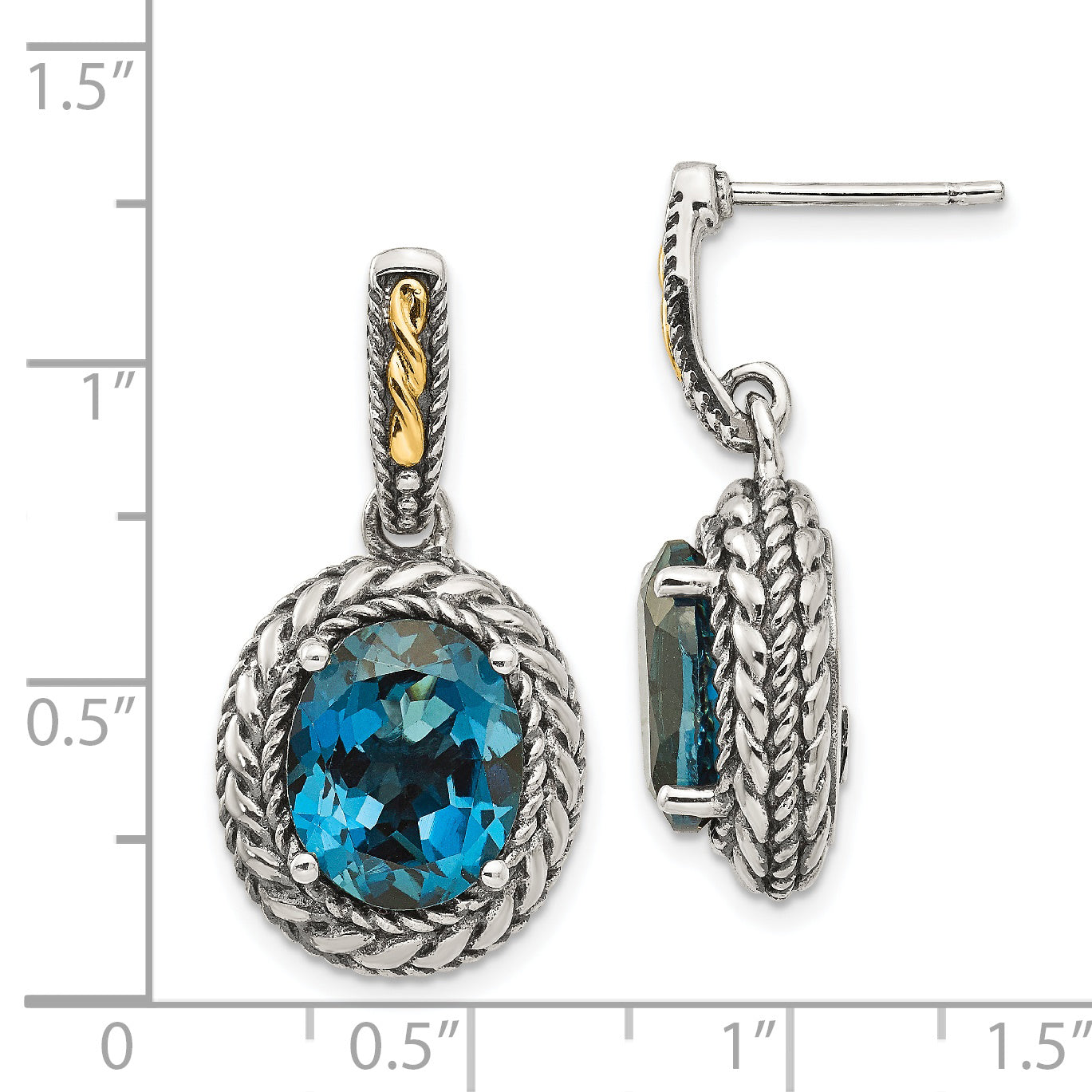 14K/Silver Two Tone Shey Couture Sterling Silver With 14K Accent Antiqued Oval London Blue Topaz Post Dangle Earrings