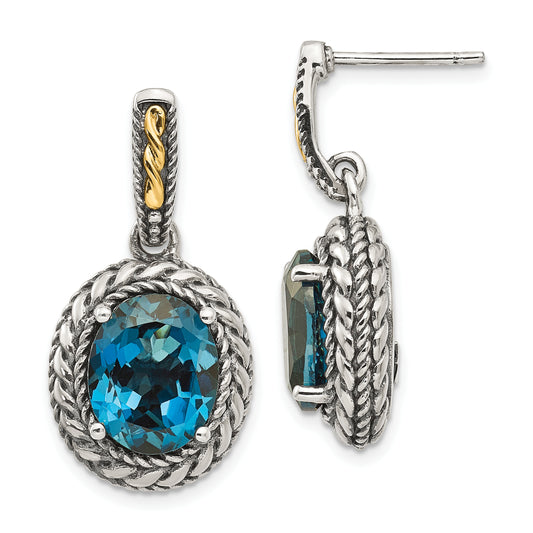 14K/Silver Two Tone Shey Couture Sterling Silver With 14K Accent Antiqued Oval London Blue Topaz Post Dangle Earrings