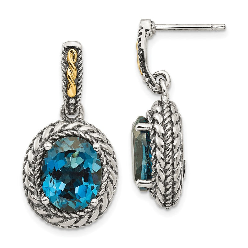 14K/Silver Two Tone Shey Couture Sterling Silver With 14K Accent Antiqued Oval London Blue Topaz Post Dangle Earrings