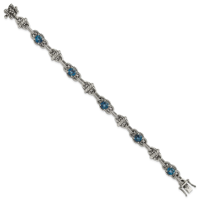 Sterling Silver Shey Couture 7.75 Inch Antiqued Round London Blue Topaz Bracelet