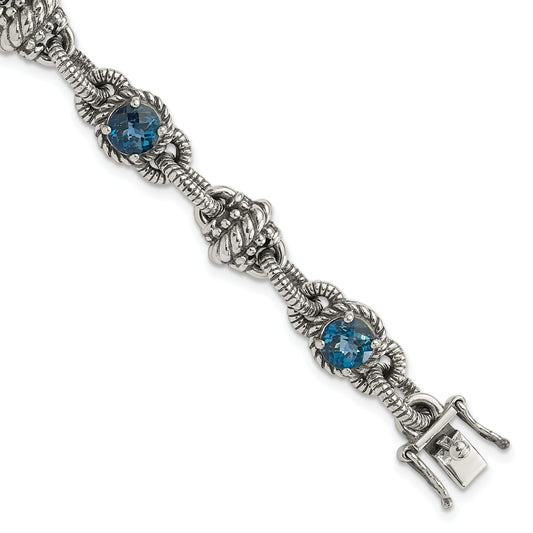 Sterling Silver Shey Couture 7.75 Inch Antiqued Round London Blue Topaz Bracelet