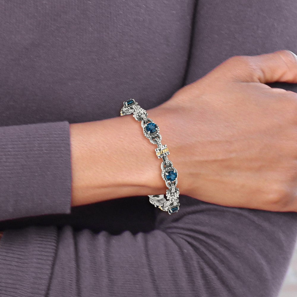 14K/Silver Two Tone Shey Couture Sterling Silver With 14K Accent 7.25 Inch Antiqued Round London Blue Topaz Bracelet
