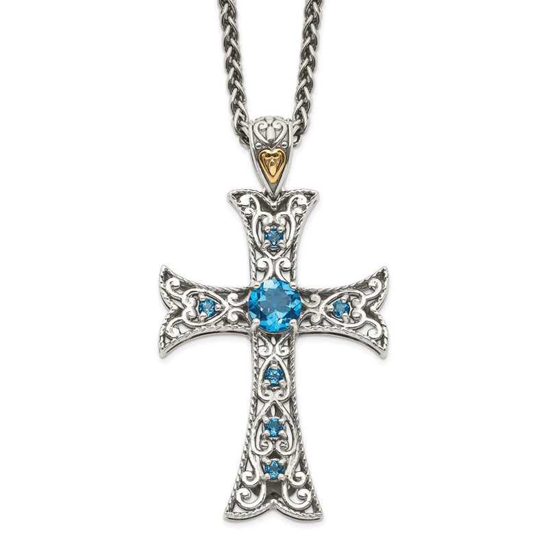 14K/Silver Two Tone Shey Couture Sterling Silver With 14K Accent 18 Inch Antiqued Round London Blue Topaz Cross Necklace