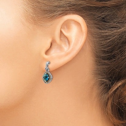 14K/Silver Two Tone Shey Couture Sterling Silver With 14K Accent Antiqued Cushion London Blue Topaz Post Dangle Earrings