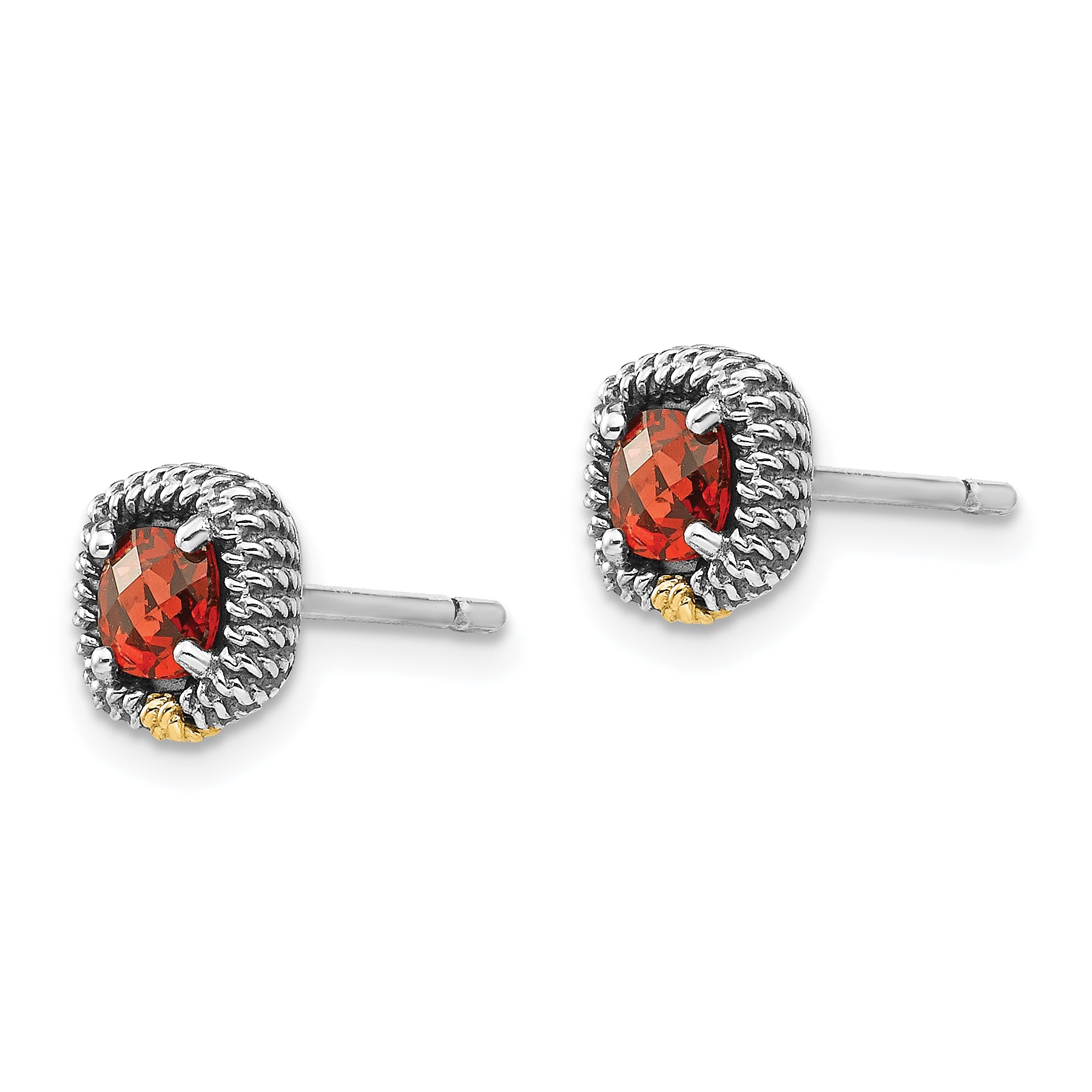 14K/Silver Two Tone Shey Couture Sterling Silver With 14K Accent Antiqued Square Cushion Garnet Post Earrings