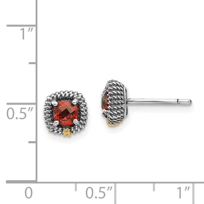 14K/Silver Two Tone Shey Couture Sterling Silver With 14K Accent Antiqued Square Cushion Garnet Post Earrings