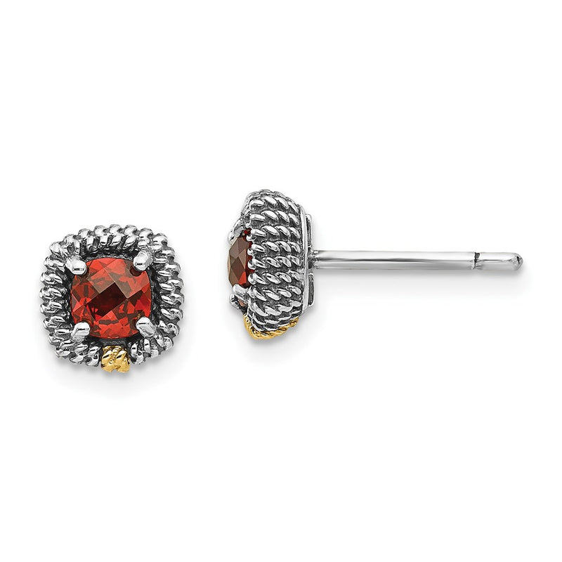 14K/Silver Two Tone Shey Couture Sterling Silver With 14K Accent Antiqued Square Cushion Garnet Post Earrings