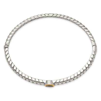 14K/Silver Two Tone Shey Couture Sterling Silver With 14K Accent Peridot Round Bezel Hinged Bangle Bracelet