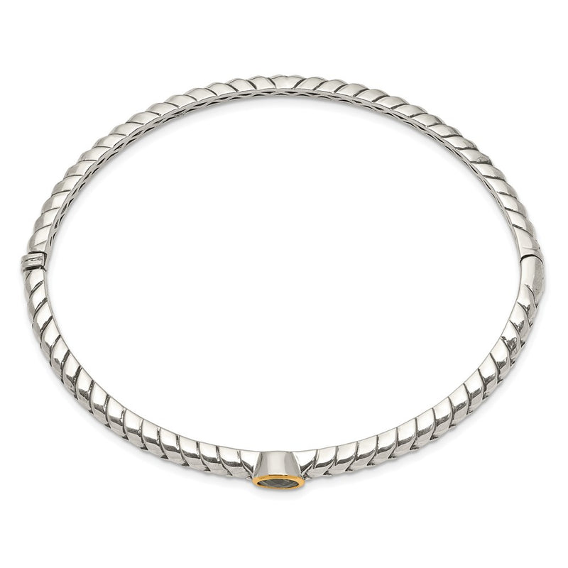 14K/Silver Two Tone Shey Couture Sterling Silver With 14K Accent Peridot Round Bezel Hinged Bangle Bracelet