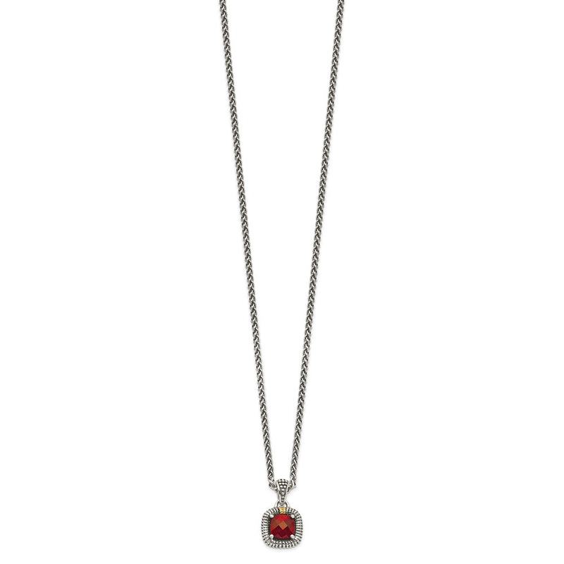 14K/Silver Two Tone Shey Couture Sterling Silver With 14K Accent 18 Inch Antiqued Checkerboard Bezel Garnet Necklace