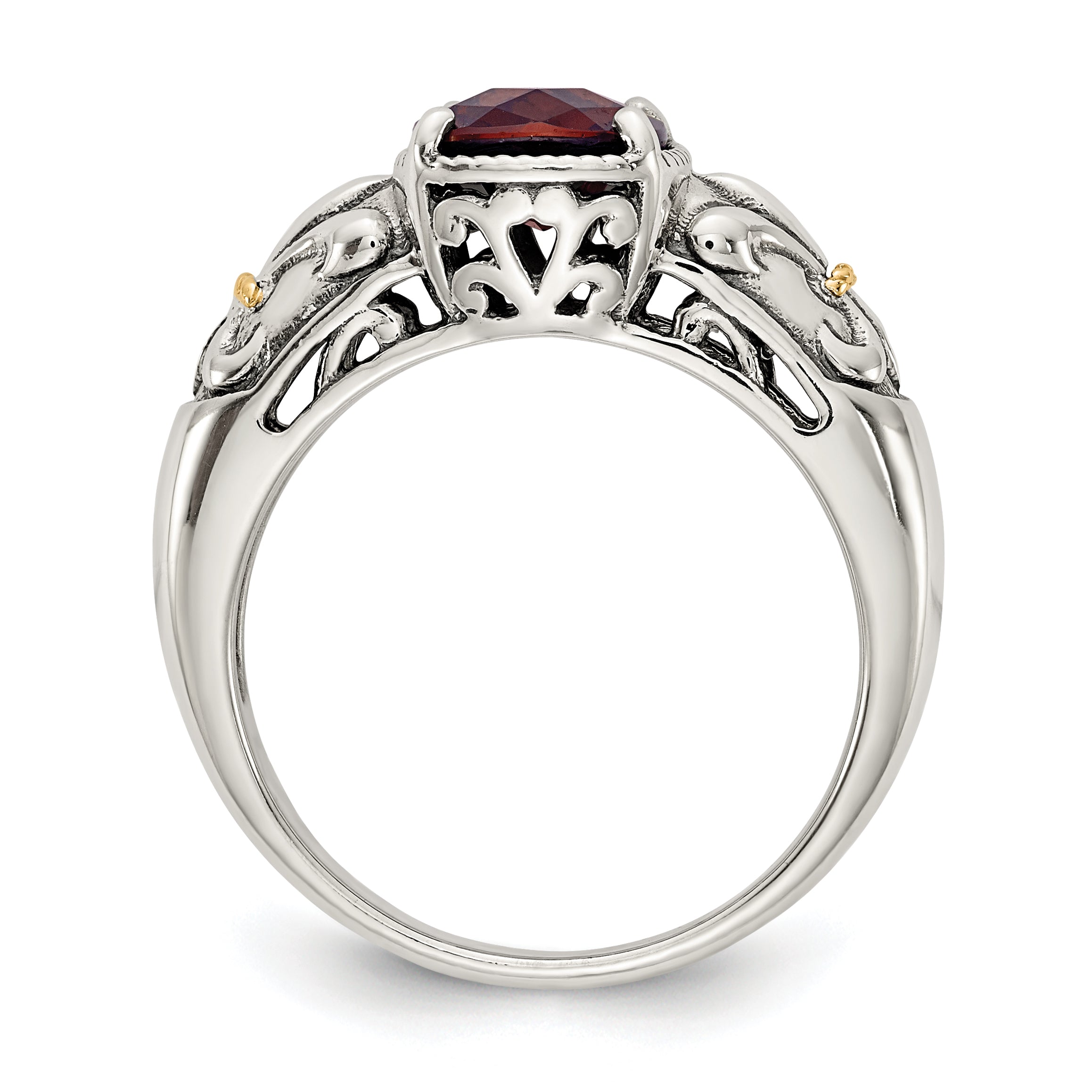 14K/Silver Two Tone Shey Couture Sterling Silver With 14K Accent Antiqued Cushion Checkerboard Garnet Ring