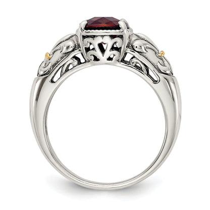 14K/Silver Two Tone Shey Couture Sterling Silver With 14K Accent Antiqued Cushion Checkerboard Garnet Ring