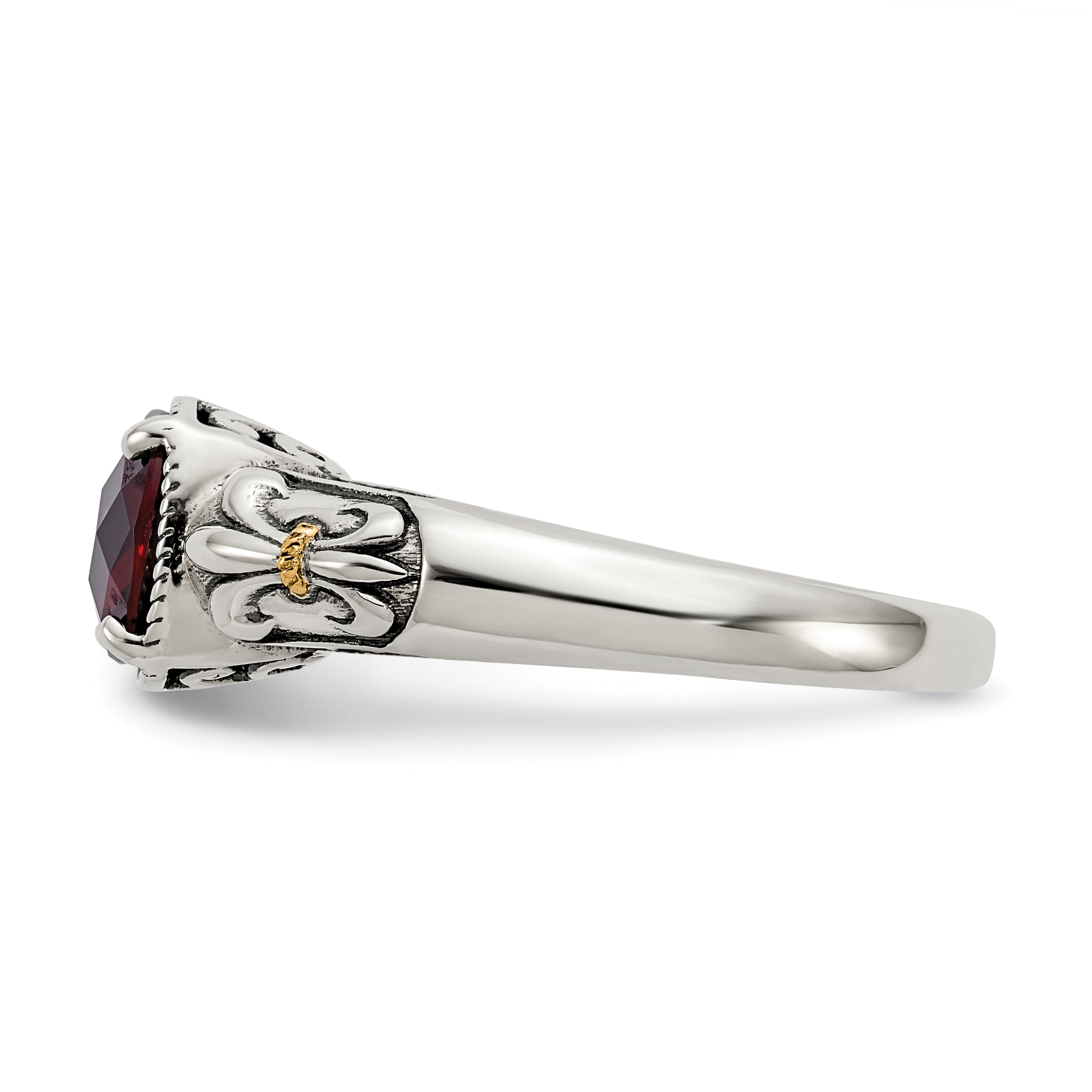 14K/Silver Two Tone Shey Couture Sterling Silver With 14K Accent Antiqued Cushion Checkerboard Garnet Ring