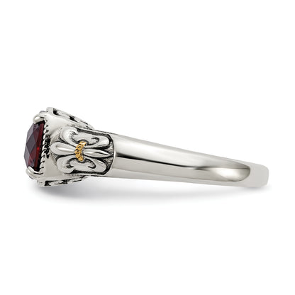 14K/Silver Two Tone Shey Couture Sterling Silver With 14K Accent Antiqued Cushion Checkerboard Garnet Ring
