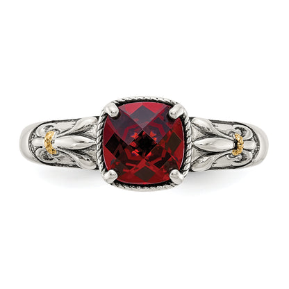 14K/Silver Two Tone Shey Couture Sterling Silver With 14K Accent Antiqued Cushion Checkerboard Garnet Ring