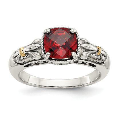 14K/Silver Two Tone Shey Couture Sterling Silver With 14K Accent Antiqued Cushion Checkerboard Garnet Ring