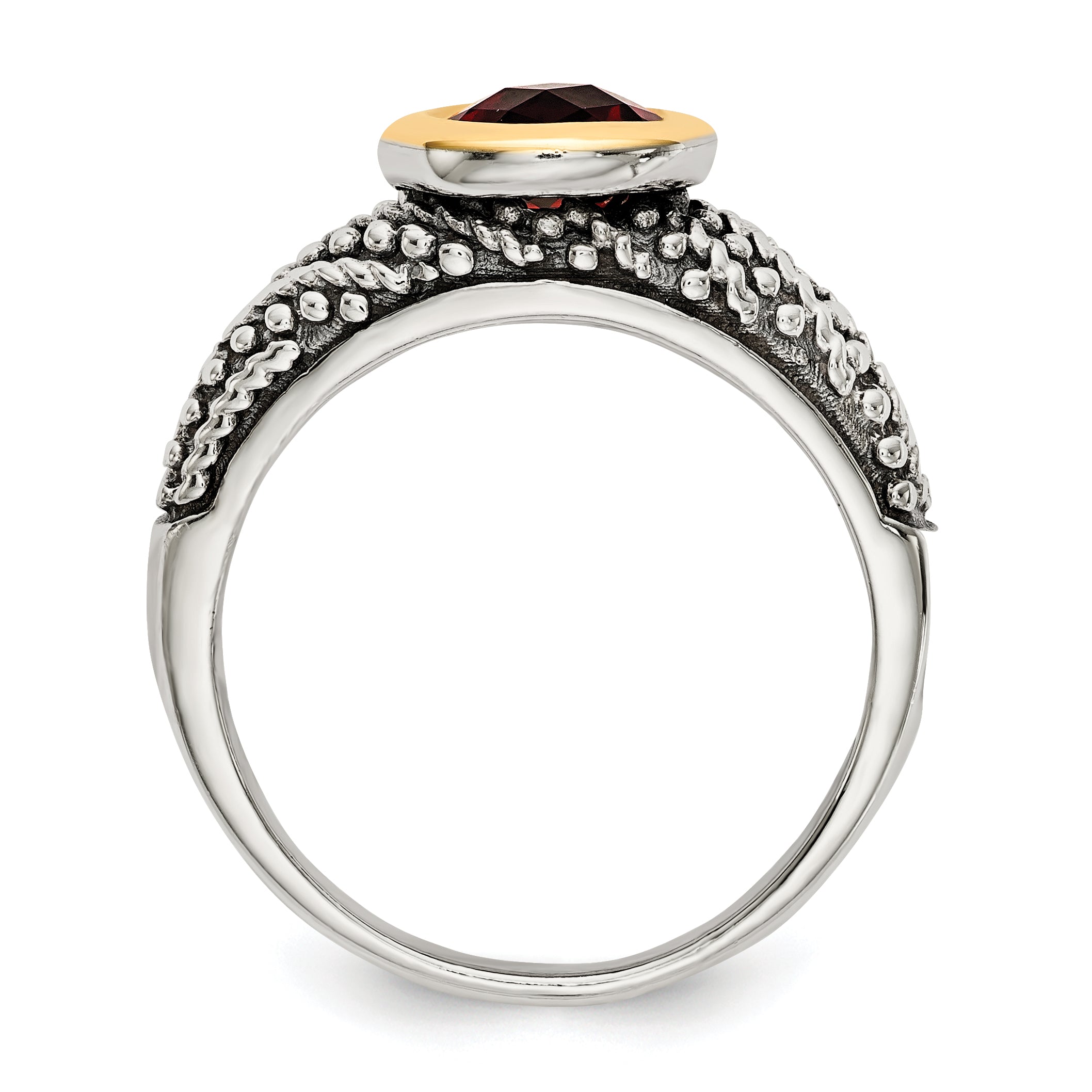 14K/Silver Two Tone Shey Couture Sterling Silver With 14K Accent Antiqued Round Bezel Garnet Ring