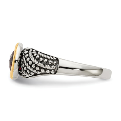 14K/Silver Two Tone Shey Couture Sterling Silver With 14K Accent Antiqued Round Bezel Garnet Ring