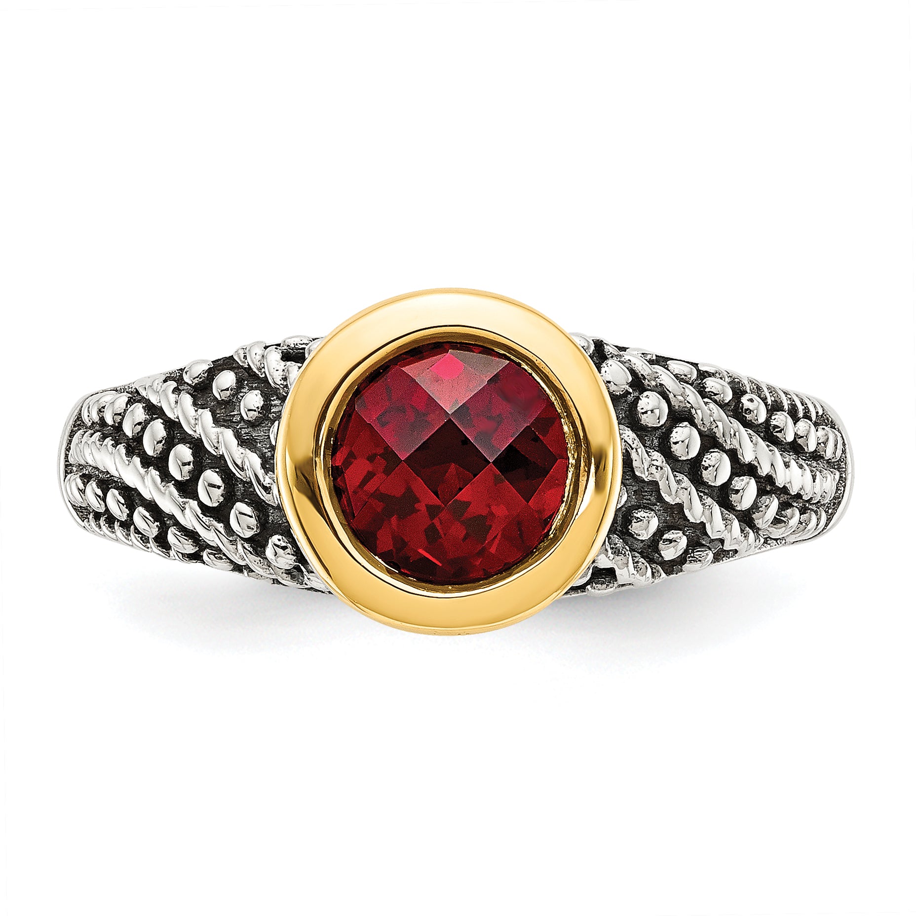 14K/Silver Two Tone Shey Couture Sterling Silver With 14K Accent Antiqued Round Bezel Garnet Ring