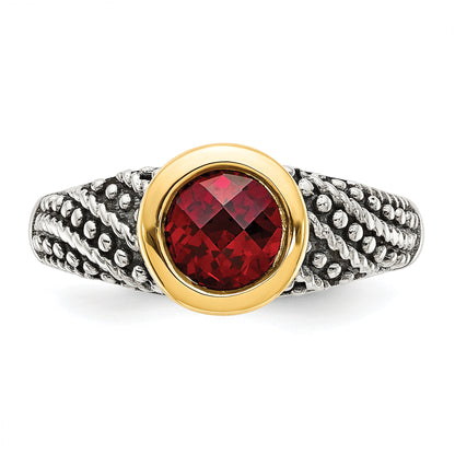 14K/Silver Two Tone Shey Couture Sterling Silver With 14K Accent Antiqued Round Bezel Garnet Ring