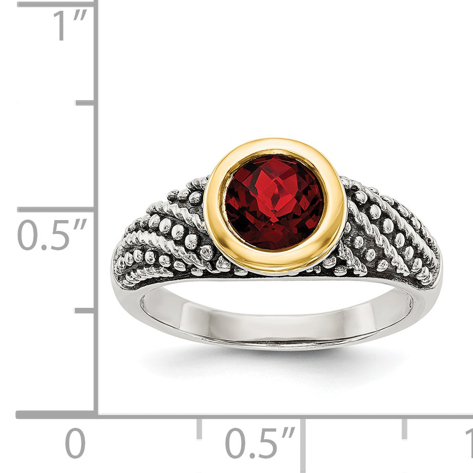 14K/Silver Two Tone Shey Couture Sterling Silver With 14K Accent Antiqued Round Bezel Garnet Ring