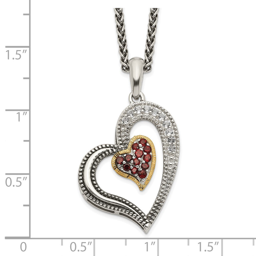 14K/Silver Two Tone Shey Couture Sterling Silver With 14K Accent 18 Inch Antiqued Pav‚Äö .22Garnet And .20White Topaz Heart Necklace