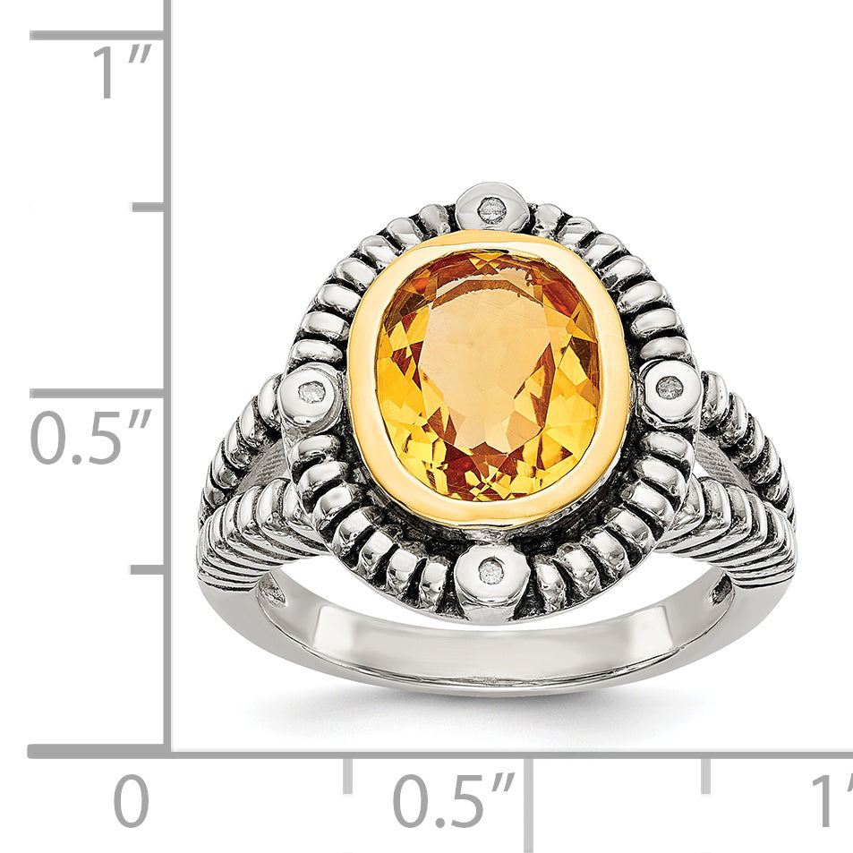 14K/Silver Two Tone Shey Couture Sterling Silver With 14K Accent Antiqued Oval Bezel Citrine Diamond Ring (Size 6 Only)
