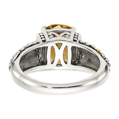 14K/Silver Two Tone Shey Couture Sterling Silver With 14K Accent Antiqued Diamond And Checkerboard Cushion Citrine Ring