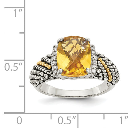 14K/Silver Two Tone Shey Couture Sterling Silver With 14K Accent Antiqued Diamond And Checkerboard Cushion Citrine Ring