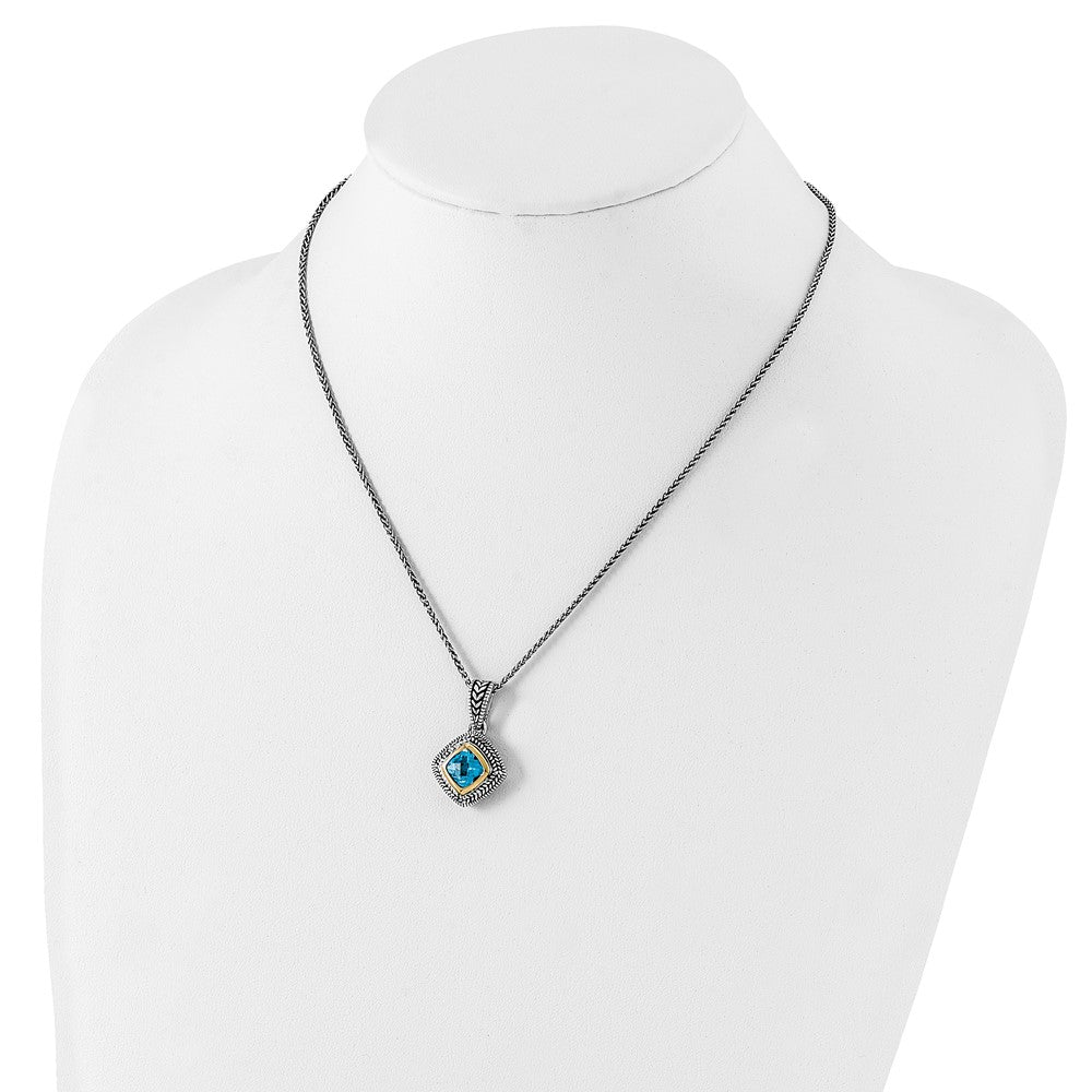 14K/Silver Two Tone Shey Couture Sterling Silver With 14K Accent 18 Inch Antiqued Cushion Bezel Sky Blue Topaz Necklace