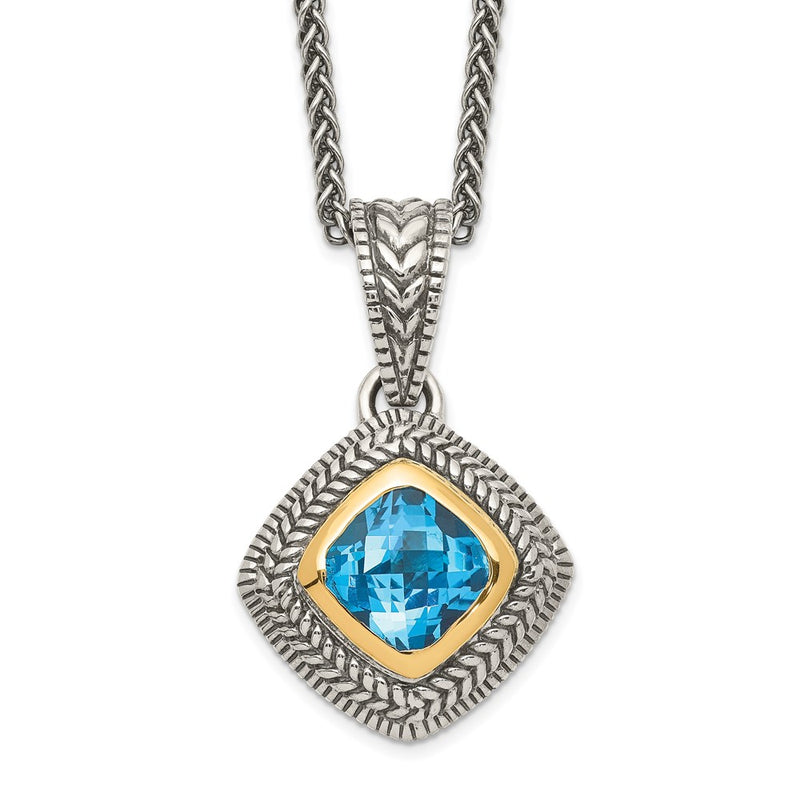 14K/Silver Two Tone Shey Couture Sterling Silver With 14K Accent 18 Inch Antiqued Cushion Bezel Sky Blue Topaz Necklace