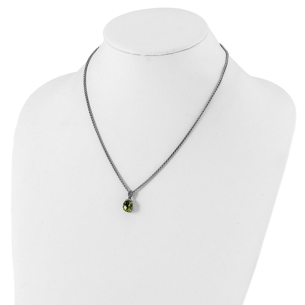 14K/Silver Two Tone Shey Couture Sterling Silver With 14K Accent 18 Inch Antiqued Oval Peridot And Diamond Necklace