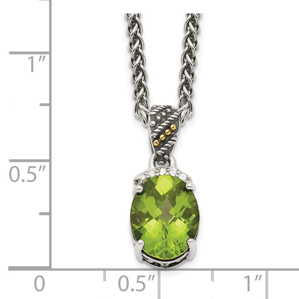 14K/Silver Two Tone Shey Couture Sterling Silver With 14K Accent 18 Inch Antiqued Oval Peridot And Diamond Necklace