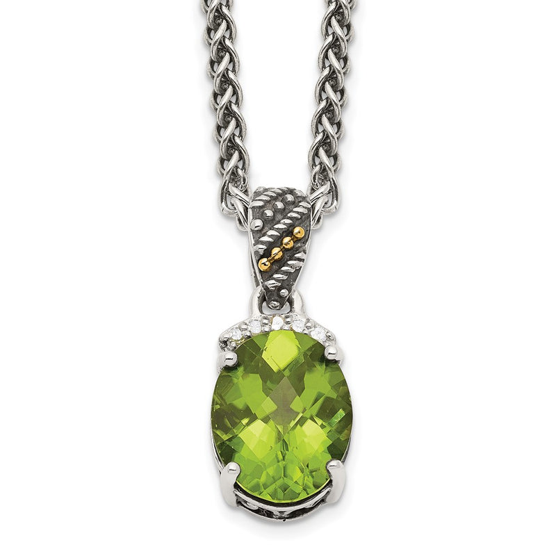 14K/Silver Two Tone Shey Couture Sterling Silver With 14K Accent 18 Inch Antiqued Oval Peridot And Diamond Necklace