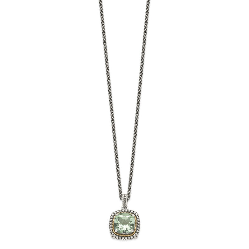 14K/Silver Two Tone Shey Couture Sterling Silver With 14K Accent 18 Inch Antiqued Cushion Green Quartz Necklace