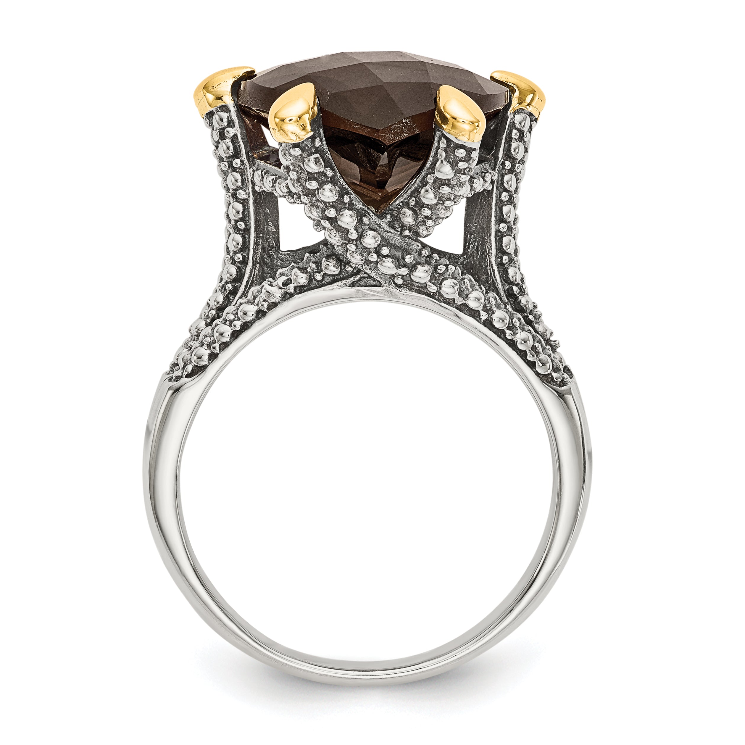 14K/Silver Two Tone Shey Couture Sterling Silver With 14K Accent Antiqued Trillion Checkerboard Smoky Quartz Ring