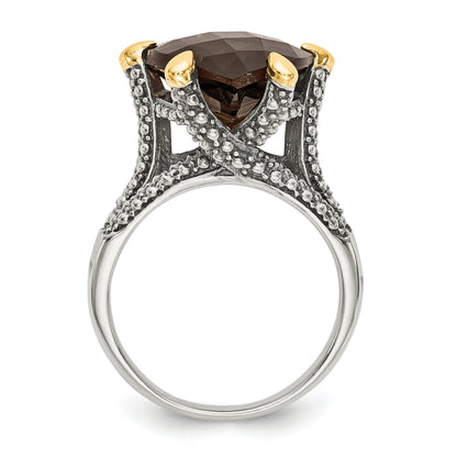 14K/Silver Two Tone Shey Couture Sterling Silver With 14K Accent Antiqued Trillion Checkerboard Smoky Quartz Ring
