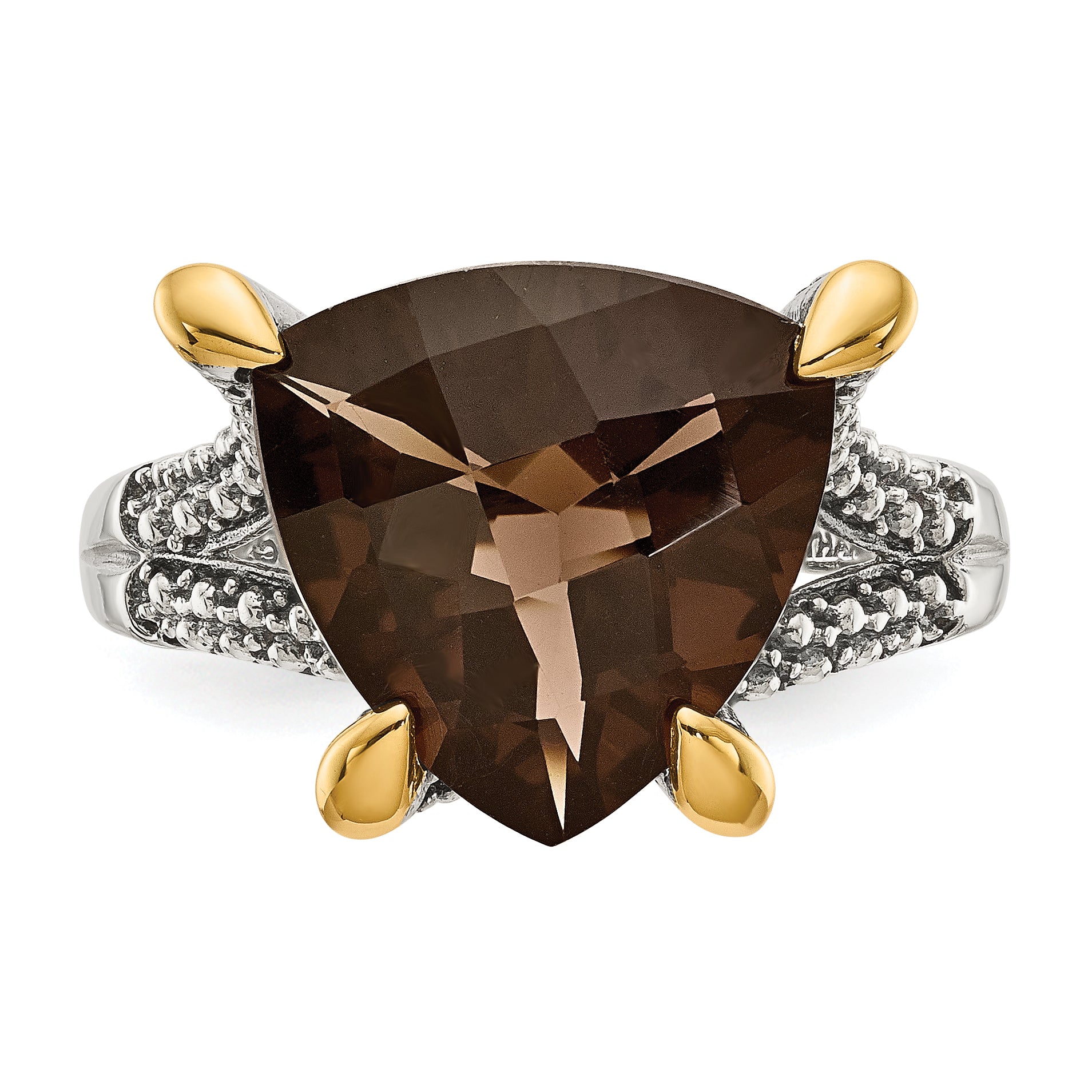 14K/Silver Two Tone Shey Couture Sterling Silver With 14K Accent Antiqued Trillion Checkerboard Smoky Quartz Ring