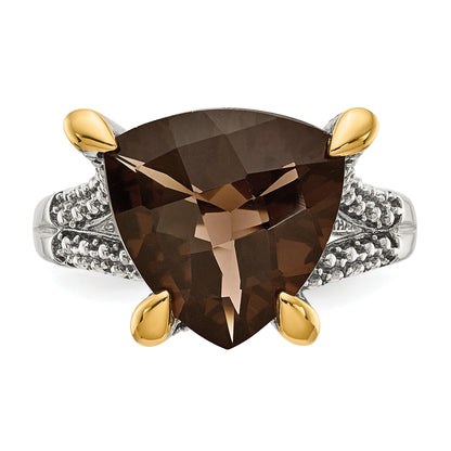 14K/Silver Two Tone Shey Couture Sterling Silver With 14K Accent Antiqued Trillion Checkerboard Smoky Quartz Ring