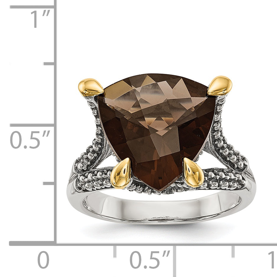14K/Silver Two Tone Shey Couture Sterling Silver With 14K Accent Antiqued Trillion Checkerboard Smoky Quartz Ring