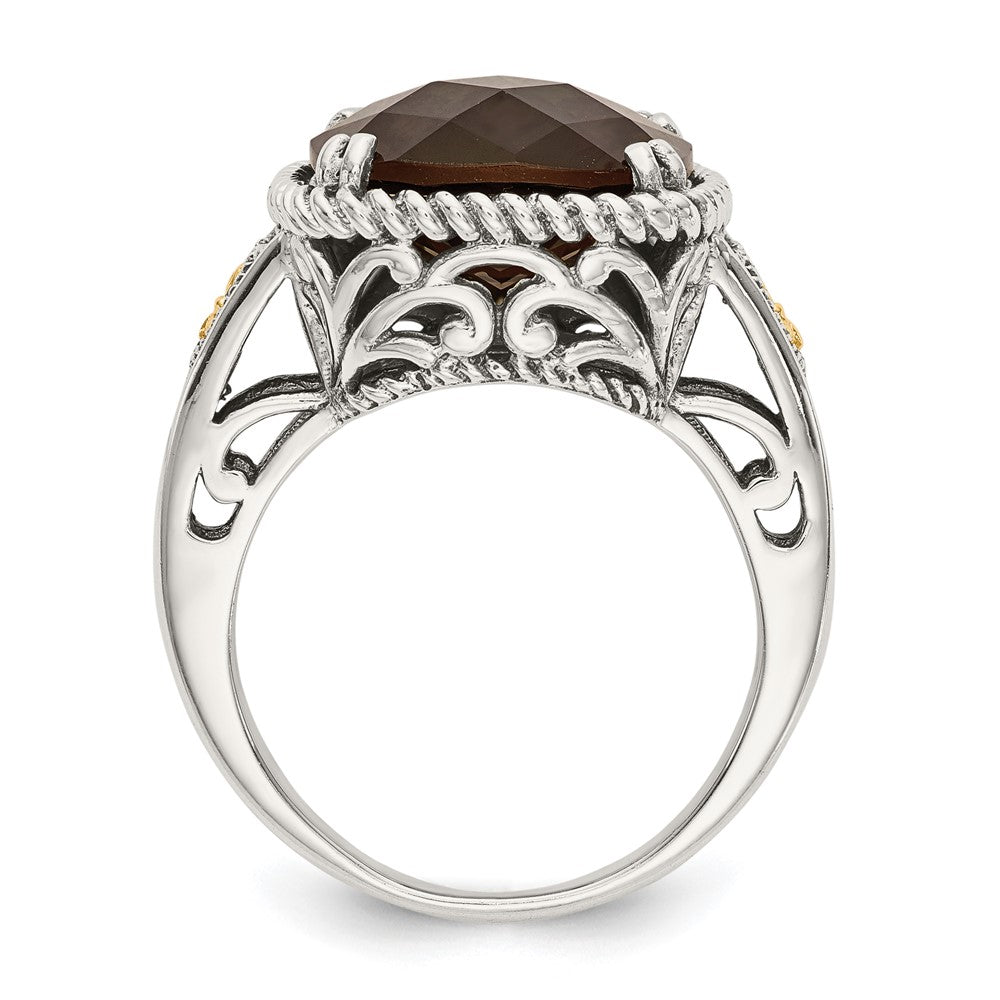 14K/Silver Two Tone Shey Couture Sterling Silver With 14K Accent Antiqued Cushion Checkerboard Smoky Quartz Ring