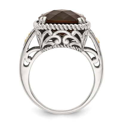 14K/Silver Two Tone Shey Couture Sterling Silver With 14K Accent Antiqued Cushion Checkerboard Smoky Quartz Ring