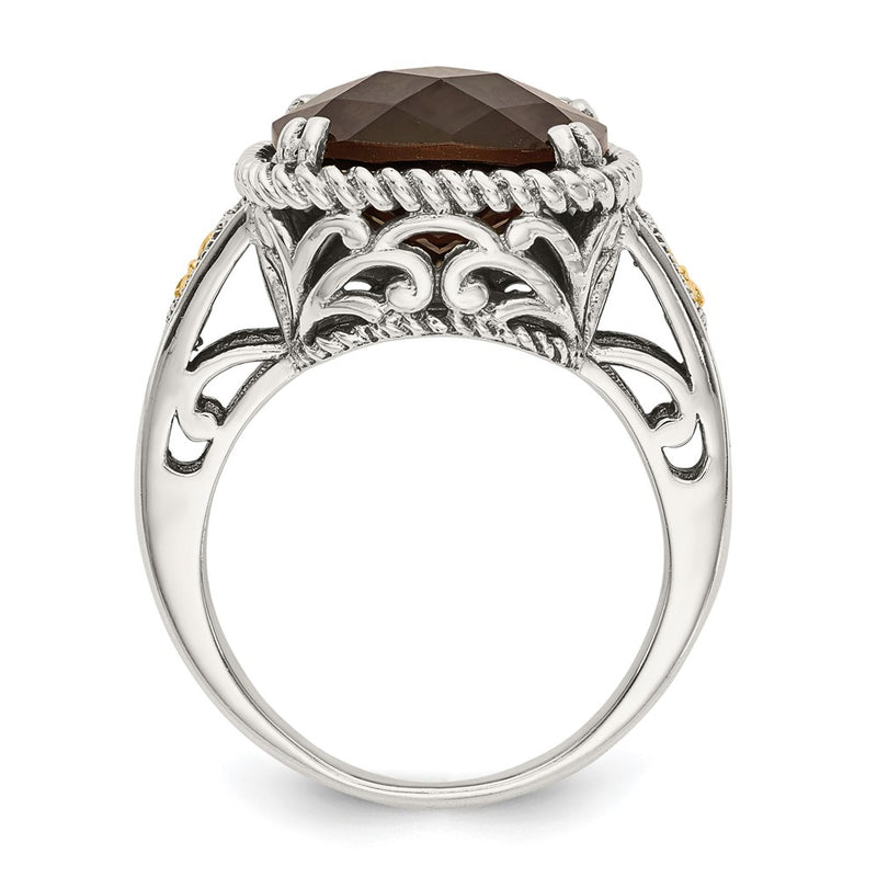 14K/Silver Two Tone Shey Couture Sterling Silver With 14K Accent Antiqued Cushion Checkerboard Smoky Quartz Ring
