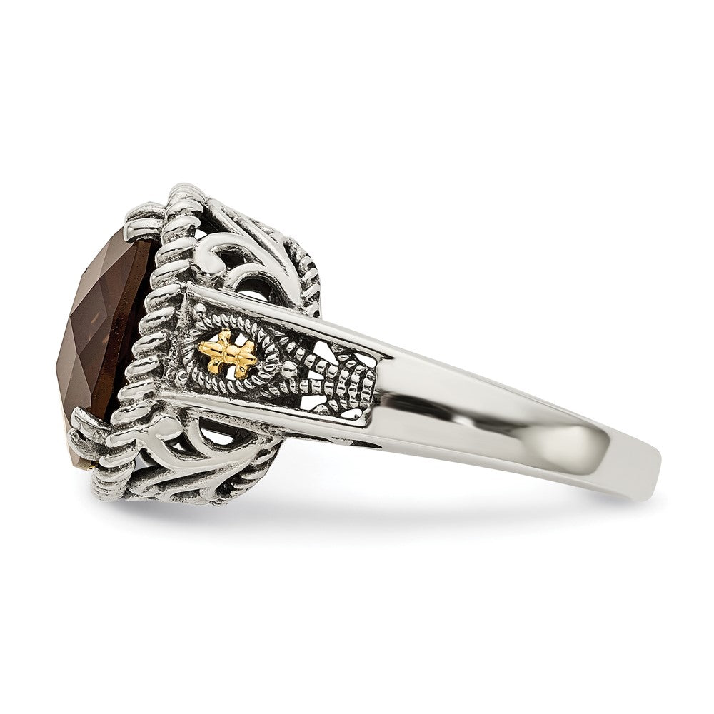 14K/Silver Two Tone Shey Couture Sterling Silver With 14K Accent Antiqued Cushion Checkerboard Smoky Quartz Ring