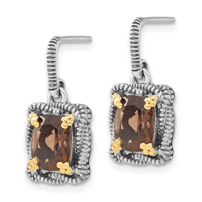 14K/Silver Two Tone Sterling Silver 14K Accent Polished & Antiqued Smoky Quartz Post Dangle Earrings